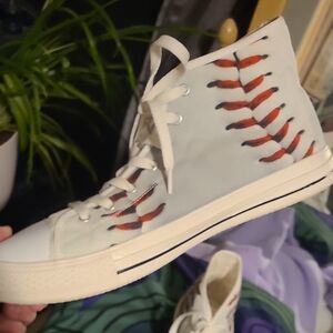Classic White and Red Baseball Graphic High-Top Sneakers